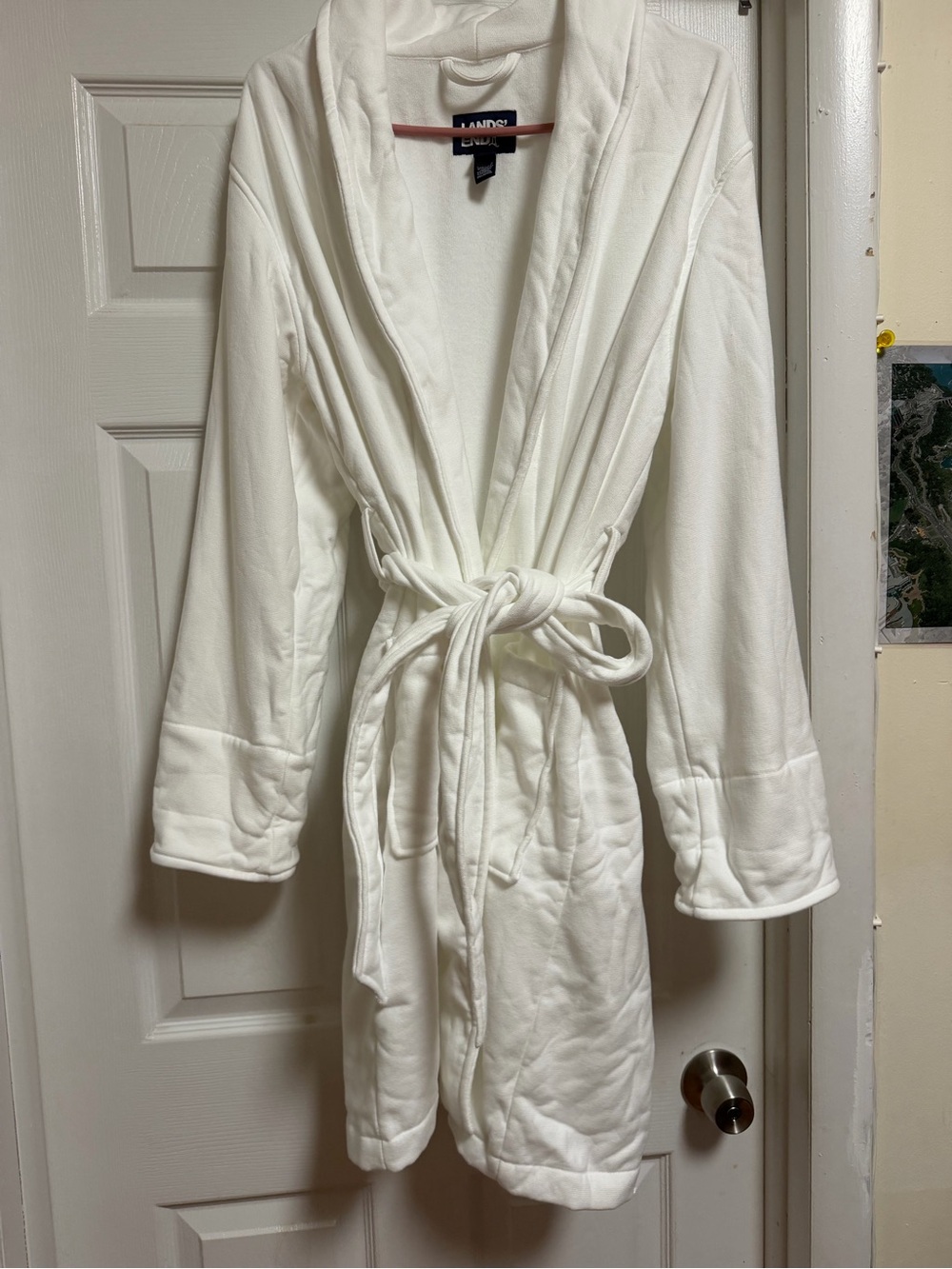 Lands' End Women's 100% Cotton Terry Knee Length Spa Bath Robe, White, MEDIUM